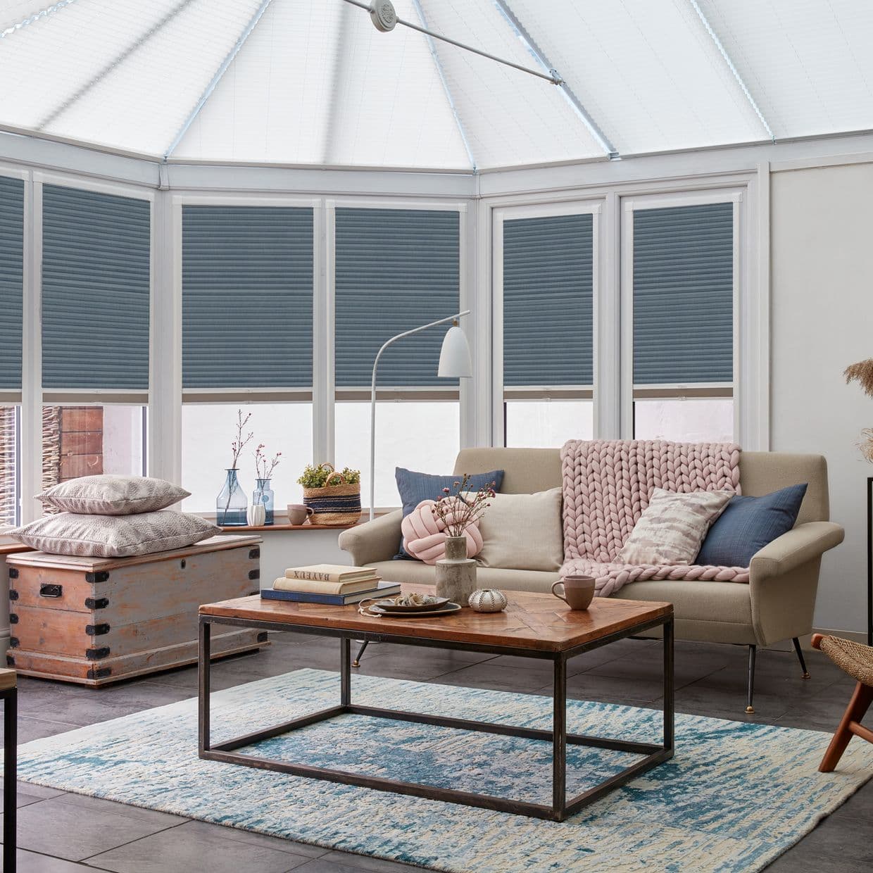 Duette Silk Blue Grey Conservatory Side Pleated Blind