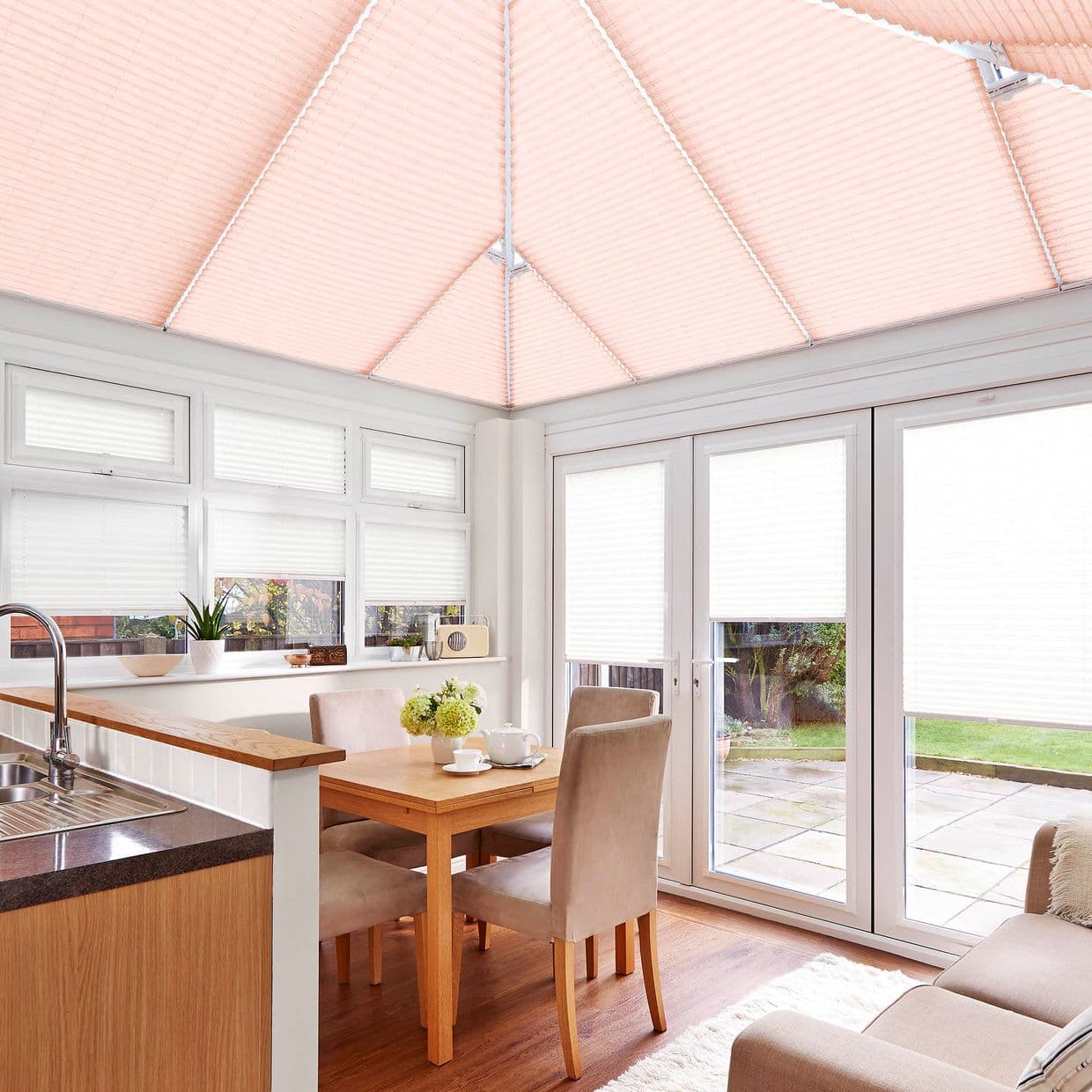 Crush Blush Pink Conservatory Roof Pleated Blind