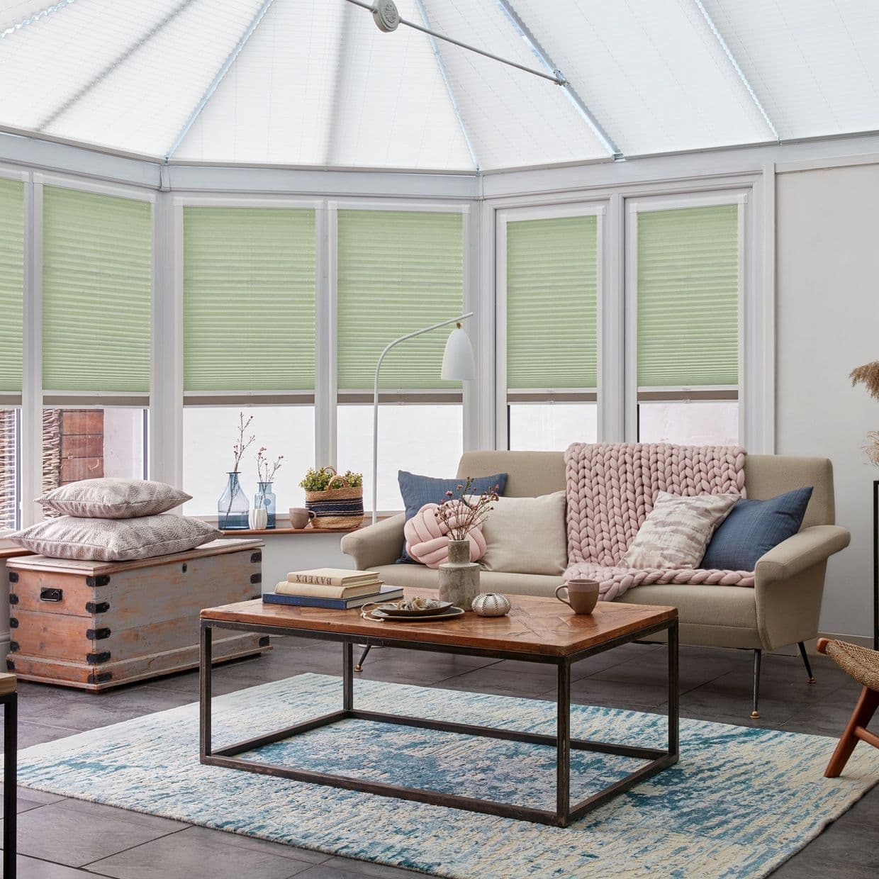Crush Mist Green Conservatory Side Pleated Blind
